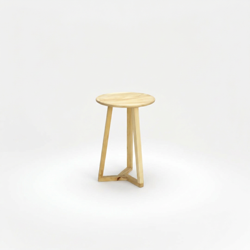 Mesa auxiliar Lucía de madera maciza con tapa redonda y tres patas, sobre fondo blanco